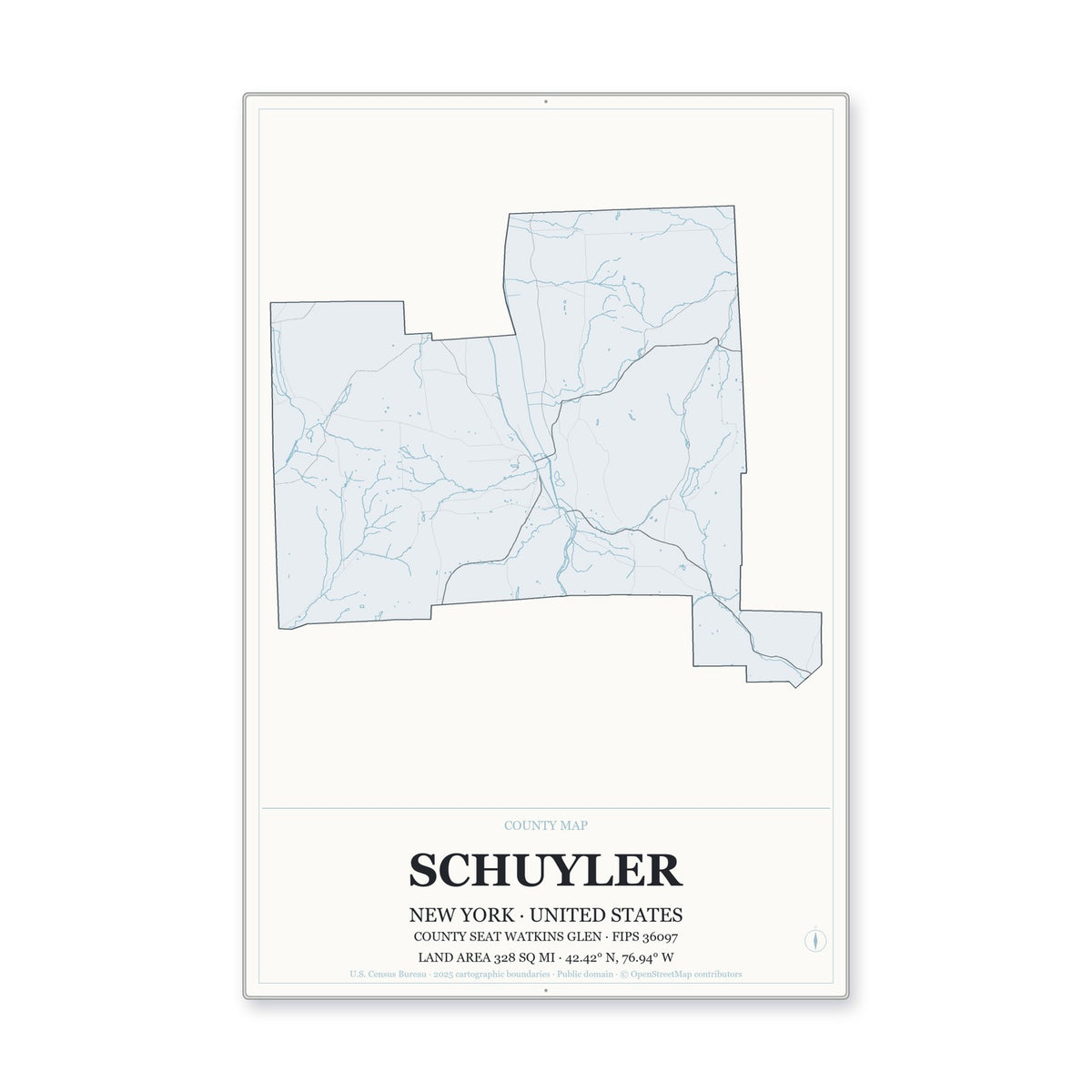Schuyler County, New York Map Aluminum Sign in Gallery Air style