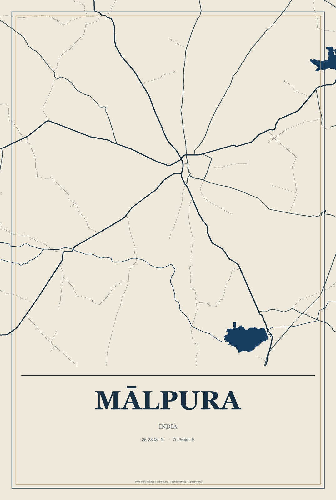 Mālpura, India City Map Aluminum Sign in Coastal Cutout style