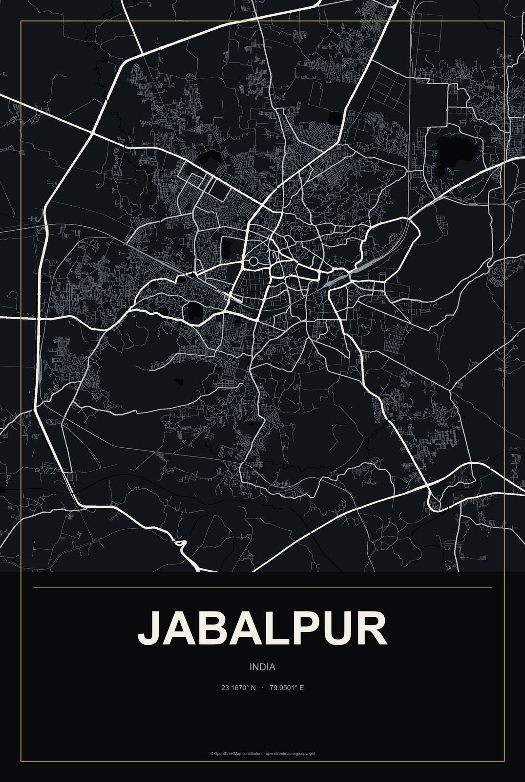 Jabalpur, India City Map Aluminum Sign in Metropolitan Noir style
