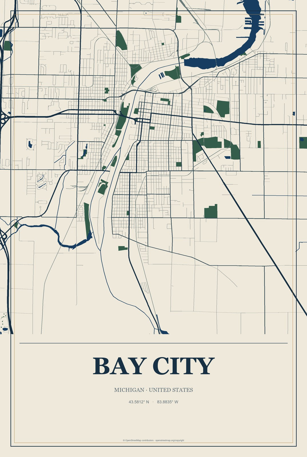 Bay City, Michigan City Map Aluminum Sign in Coastal Cutout style