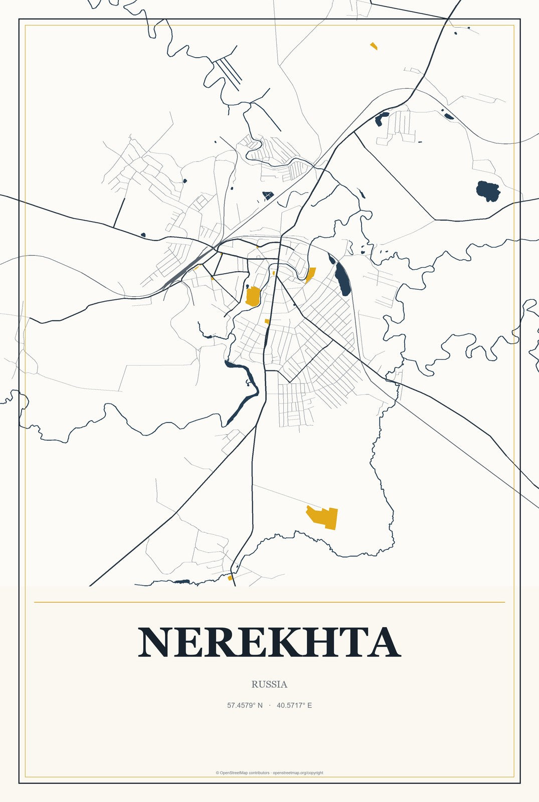 Nerekhta, Russia City Map Aluminum Sign in Citrine Modern style