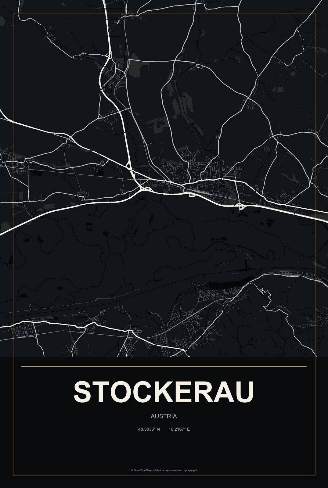 Stockerau, Austria City Map Aluminum Sign in Metropolitan Noir style