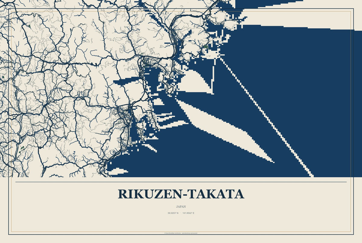 Rikuzen-Takata, Japan City Map Aluminum Sign in Coastal Cutout style