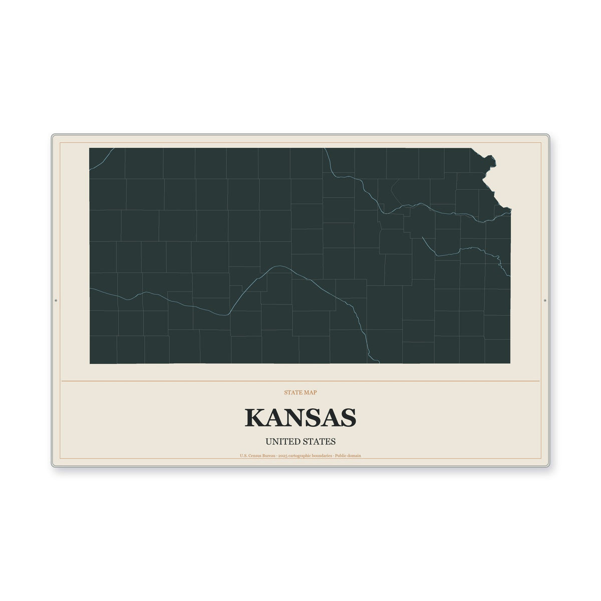Kansas state map aluminum sign in Headline Atlas style