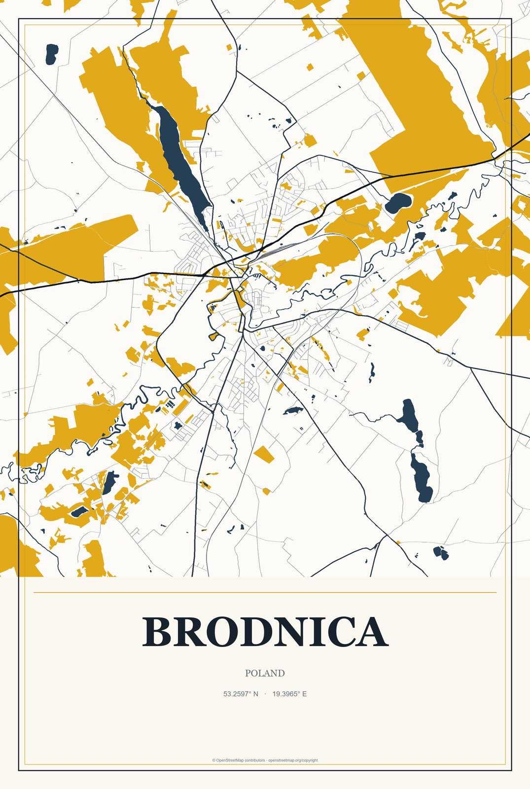Brodnica, Poland City Map Aluminum Sign in Citrine Modern style