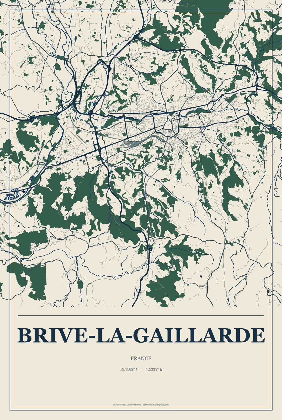 Brive-la-Gaillarde, France City Map Aluminum Sign in Coastal Cutout style