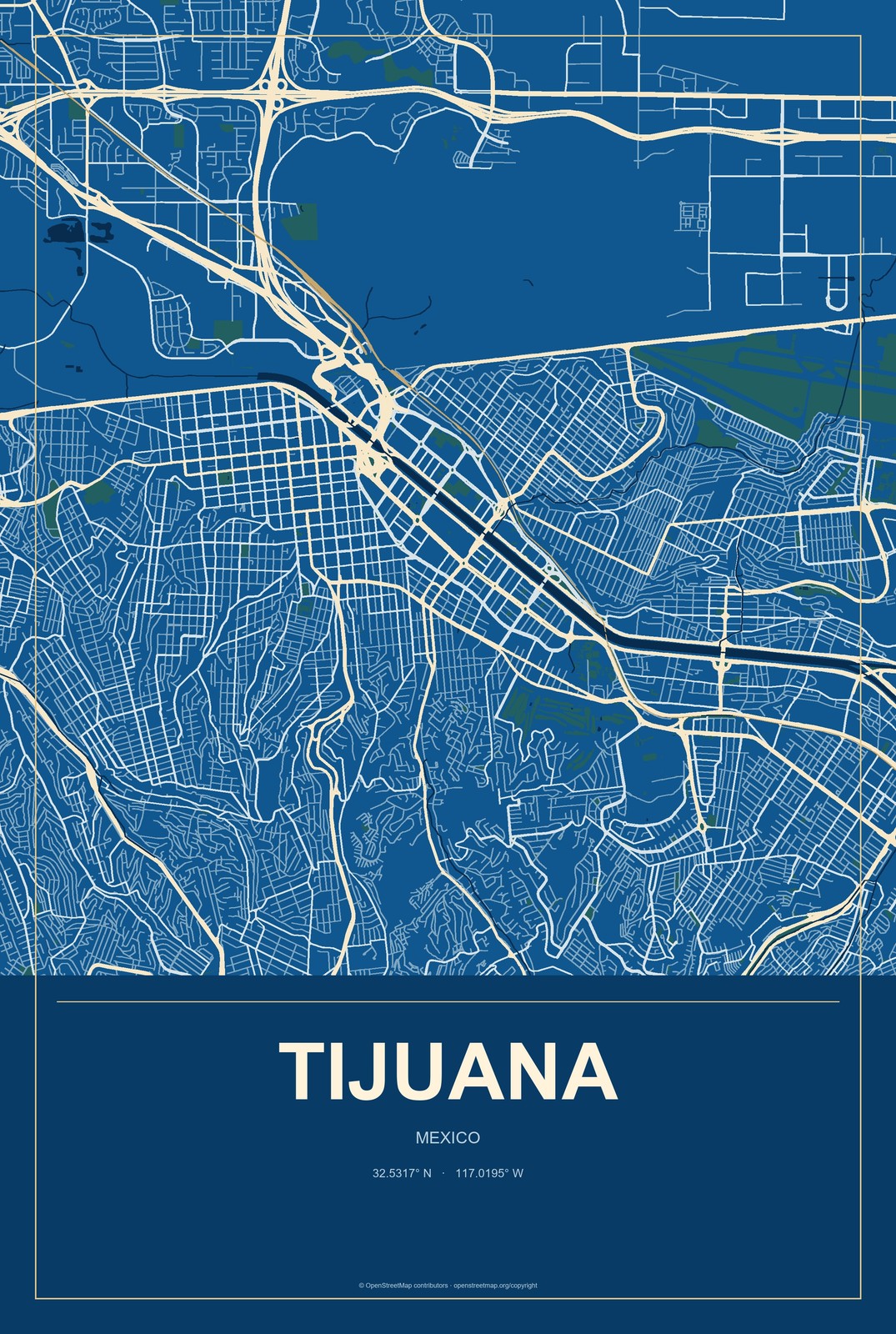 Tijuana, Mexico City Map Aluminum Sign in Harbor Cobalt style