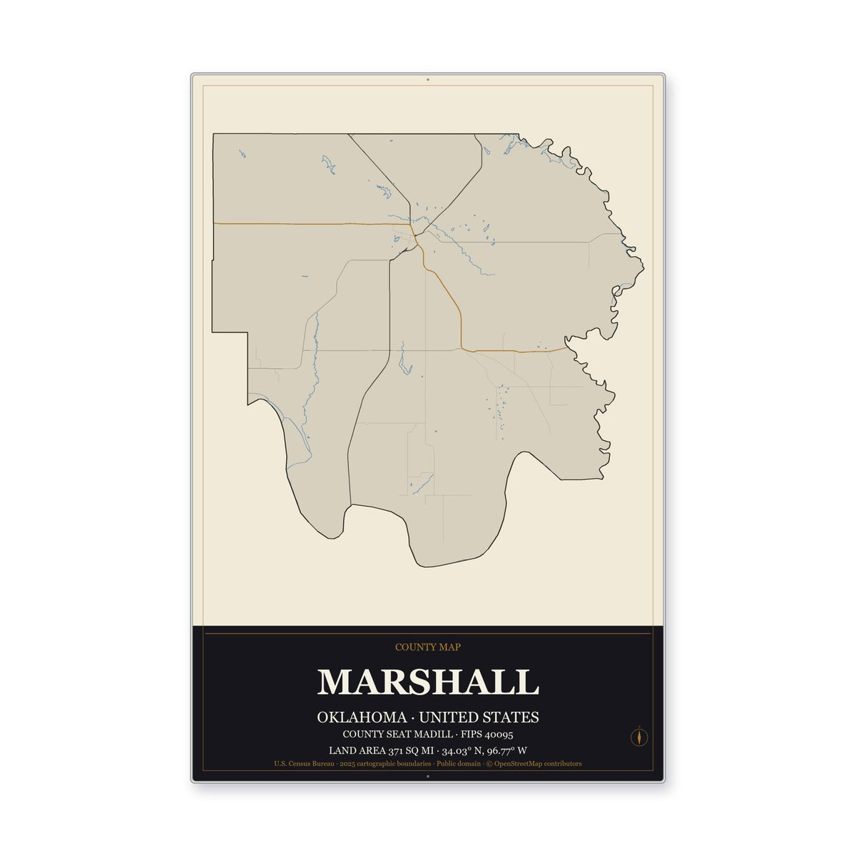 Marshall County, Oklahoma Map Aluminum Sign in Museum Plaque style