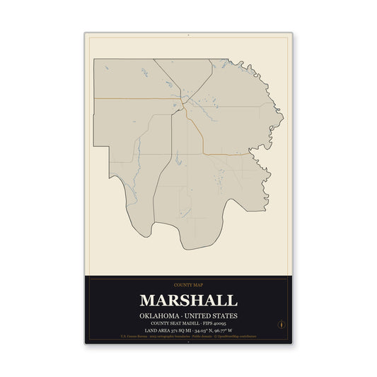 Marshall County, Oklahoma Map Aluminum Sign in Museum Plaque style