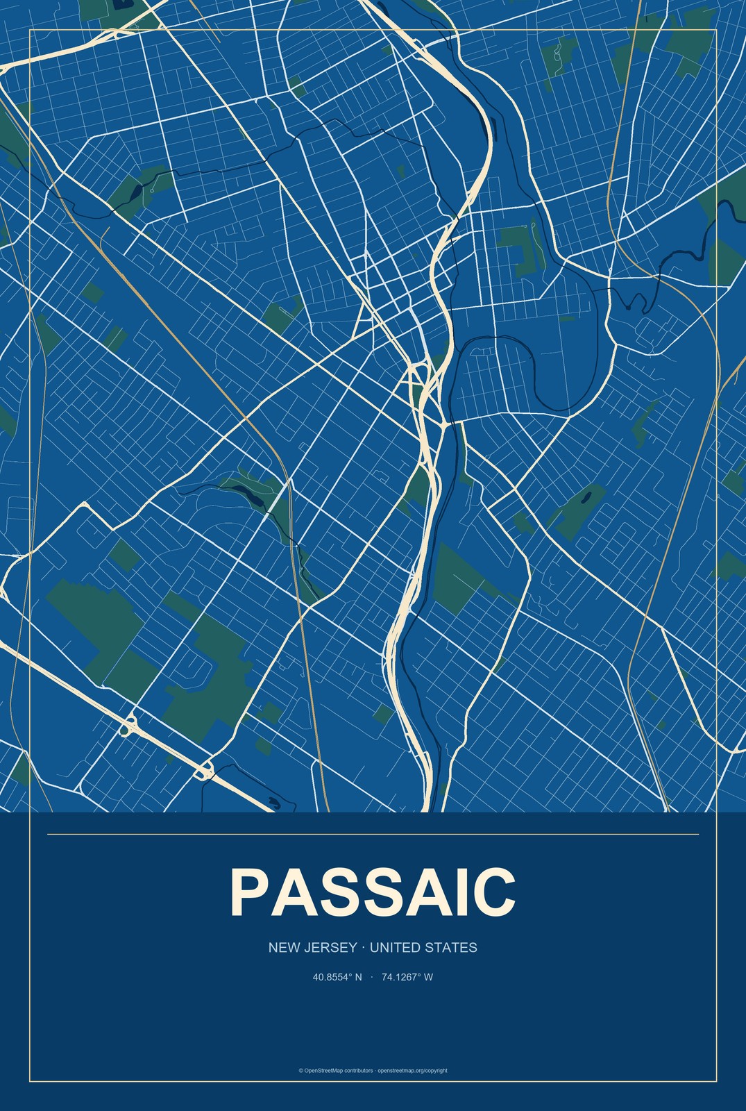 Passaic, New Jersey City Map Aluminum Sign in Harbor Cobalt style