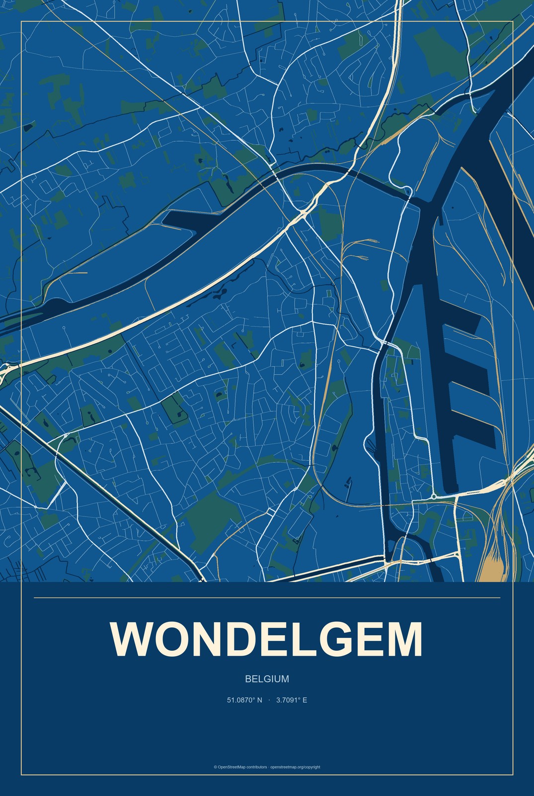 Wondelgem, Belgium City Map Aluminum Sign in Harbor Cobalt style