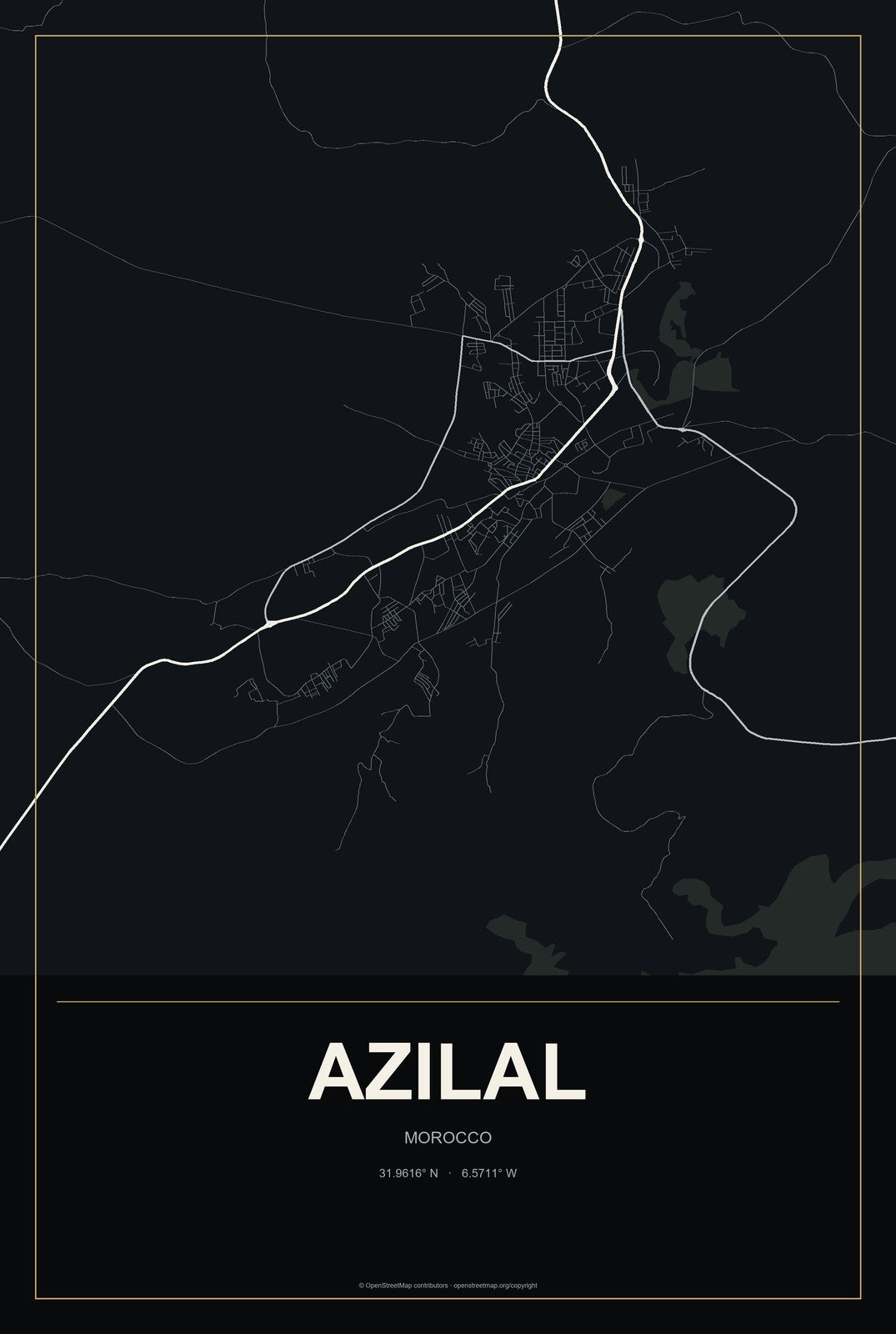 Azilal, Morocco City Map Aluminum Sign in Metropolitan Noir style