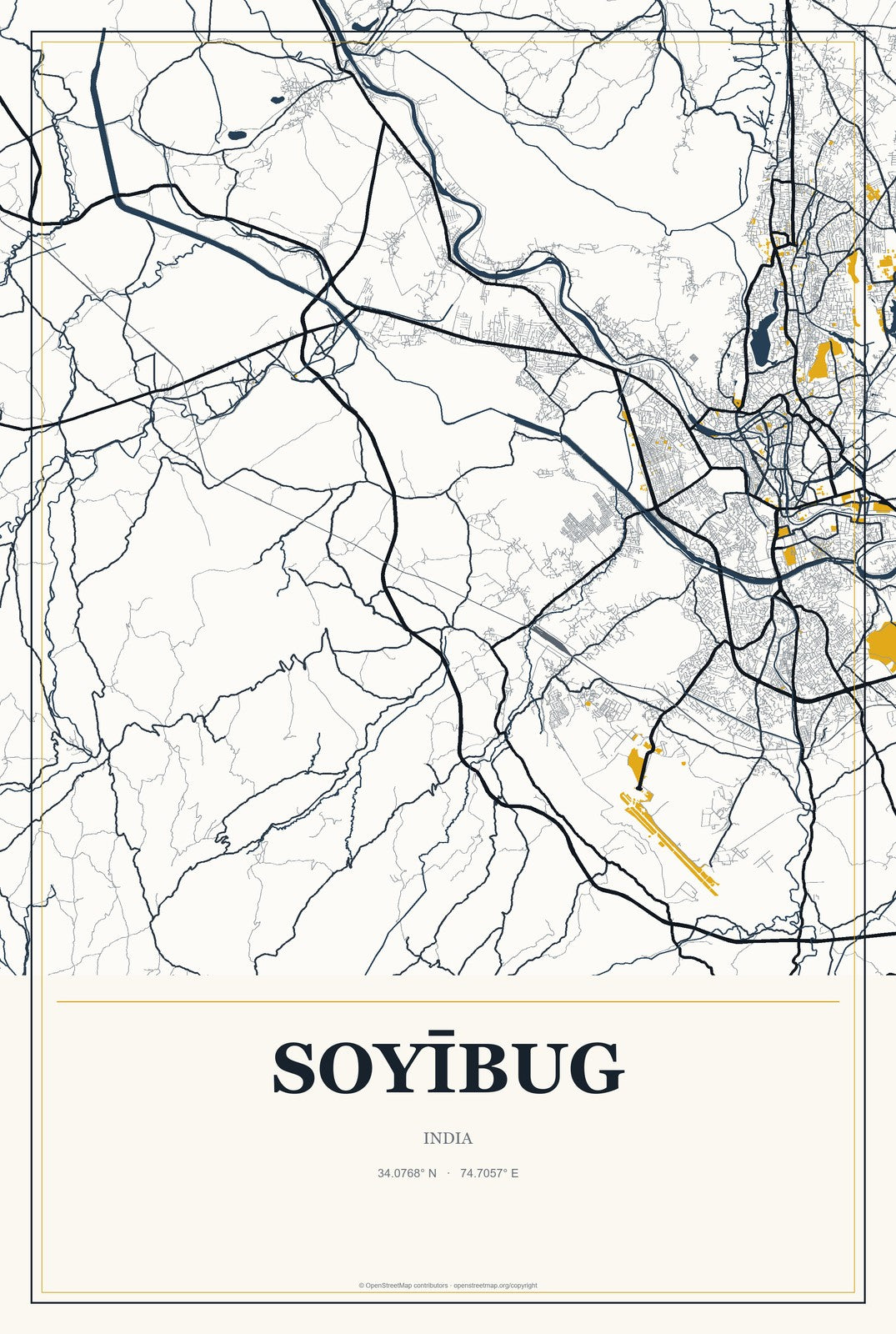 Soyībug, India City Map Aluminum Sign in Citrine Modern style