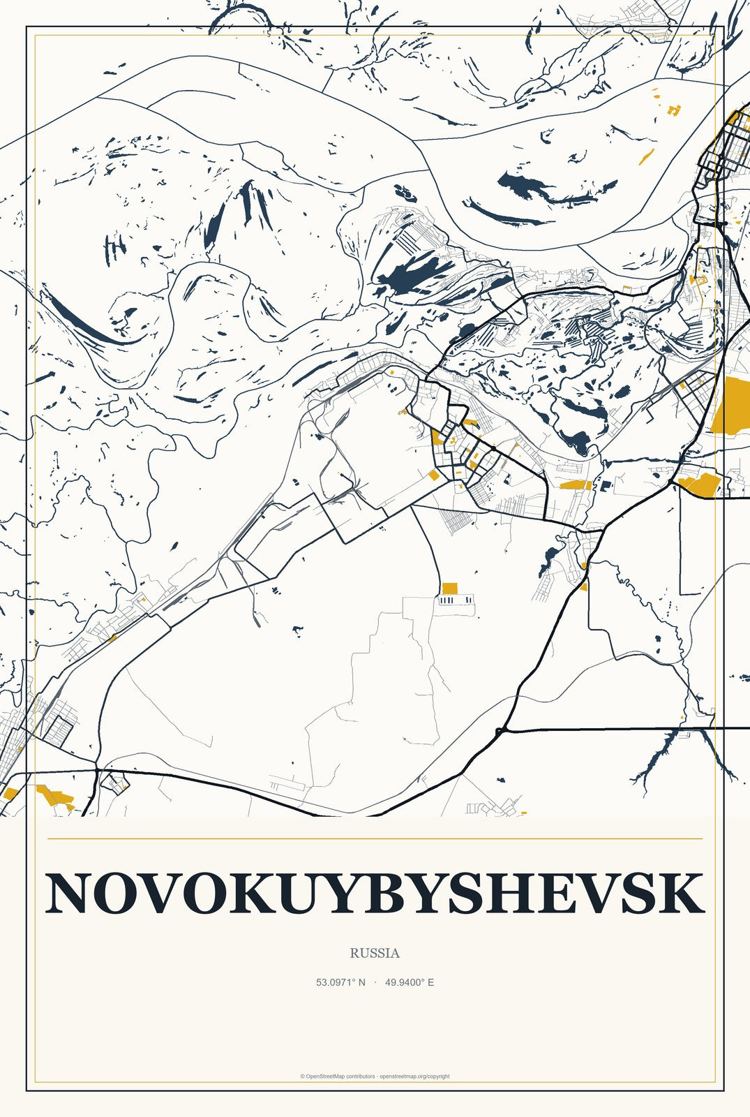 Novokuybyshevsk, Russia City Map Aluminum Sign in Citrine Modern style