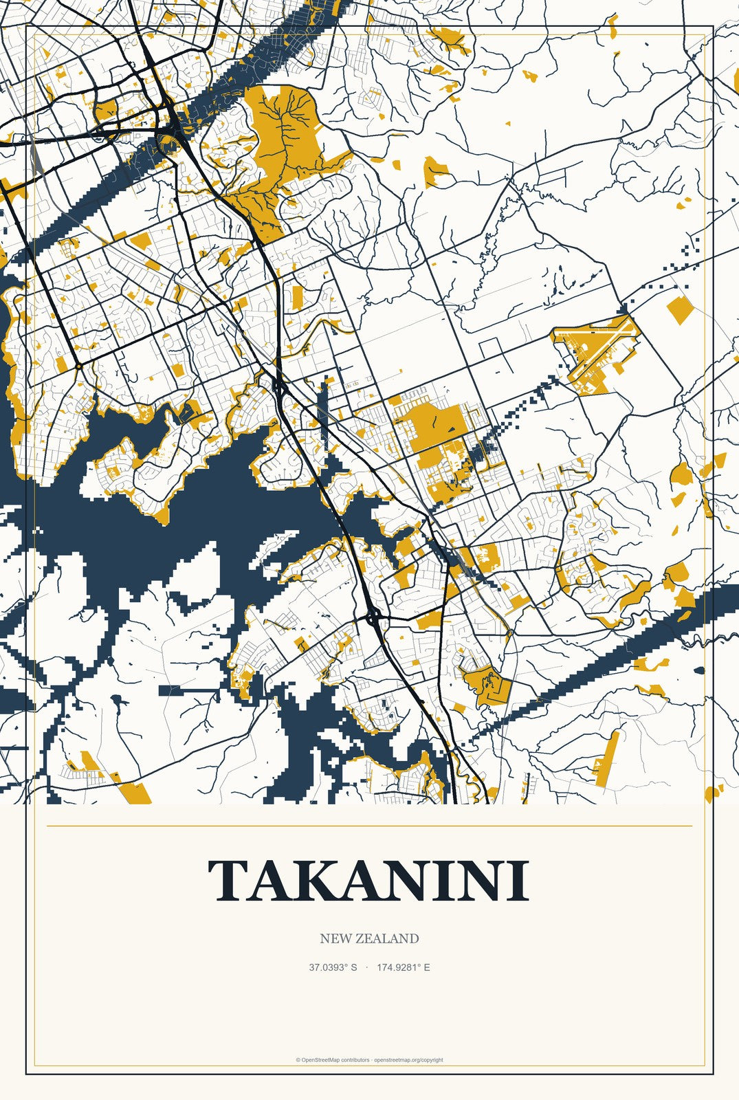 Takanini, New Zealand City Map Aluminum Sign in Citrine Modern style