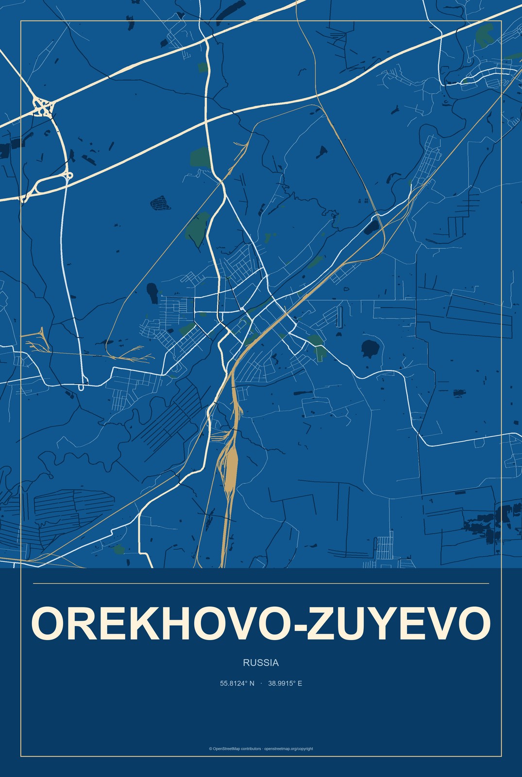 Orekhovo-Zuyevo, Russia City Map Aluminum Sign in Harbor Cobalt style