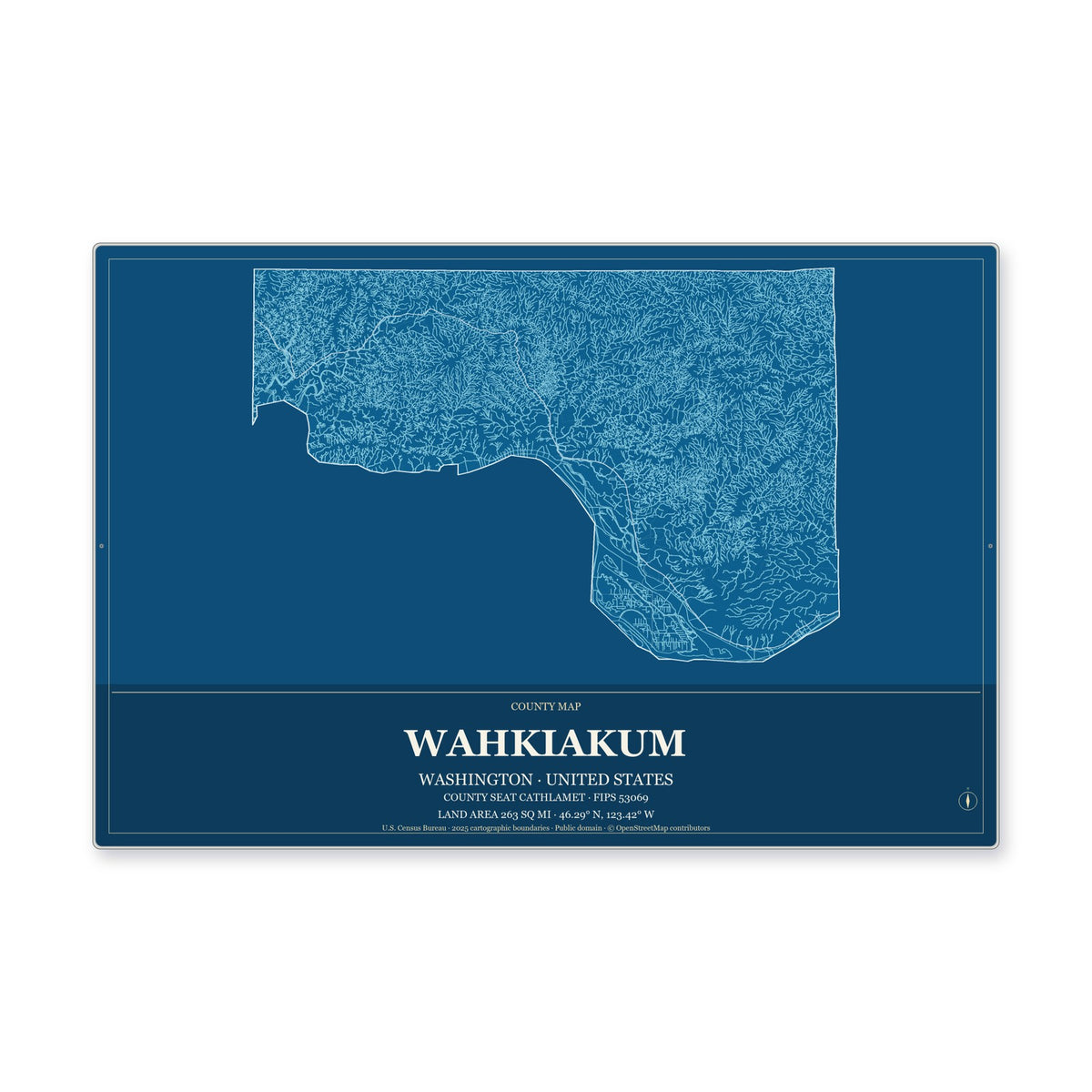 Wahkiakum County, Washington Map Aluminum Sign in Harbor Cobalt style
