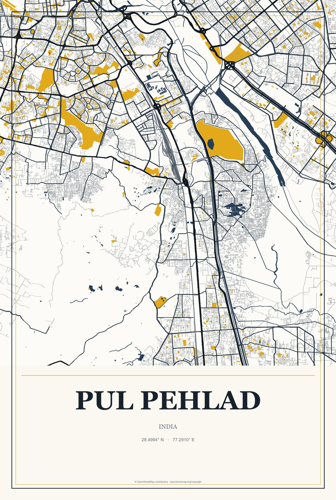 Pul Pehlad, India City Map Aluminum Sign in Citrine Modern style