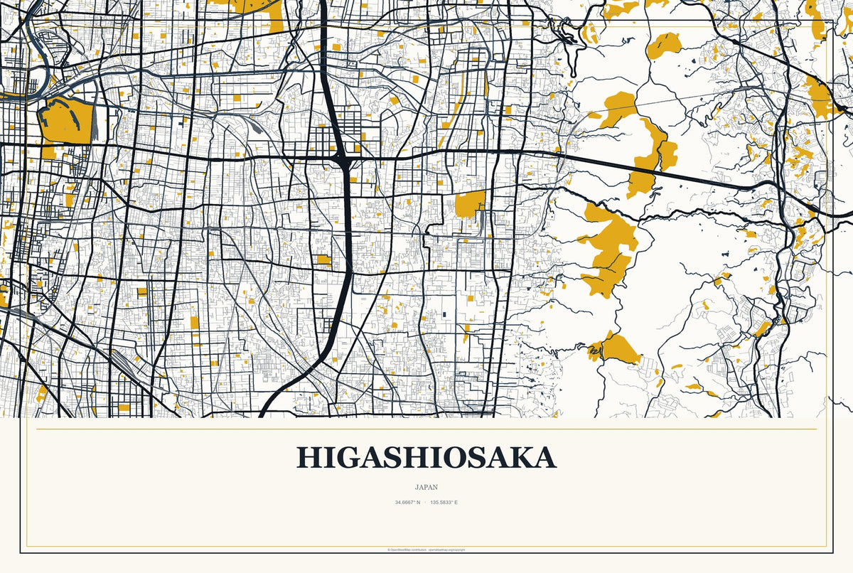 Higashiosaka, Japan City Map Aluminum Sign in Citrine Modern style