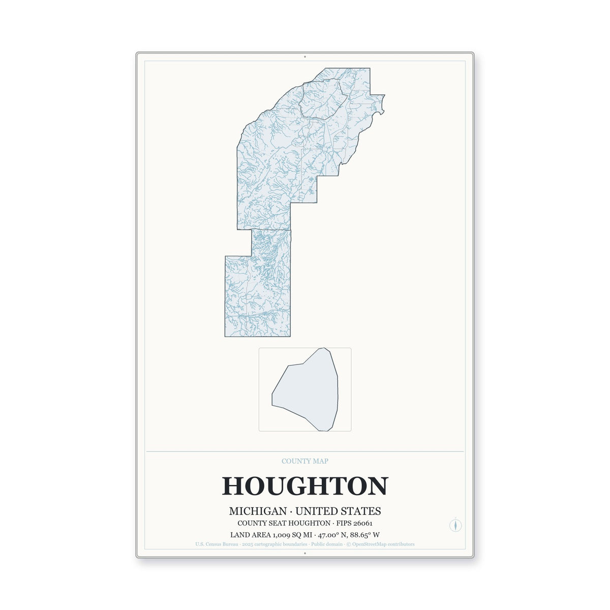 Houghton County, Michigan Map Aluminum Sign in Gallery Air style
