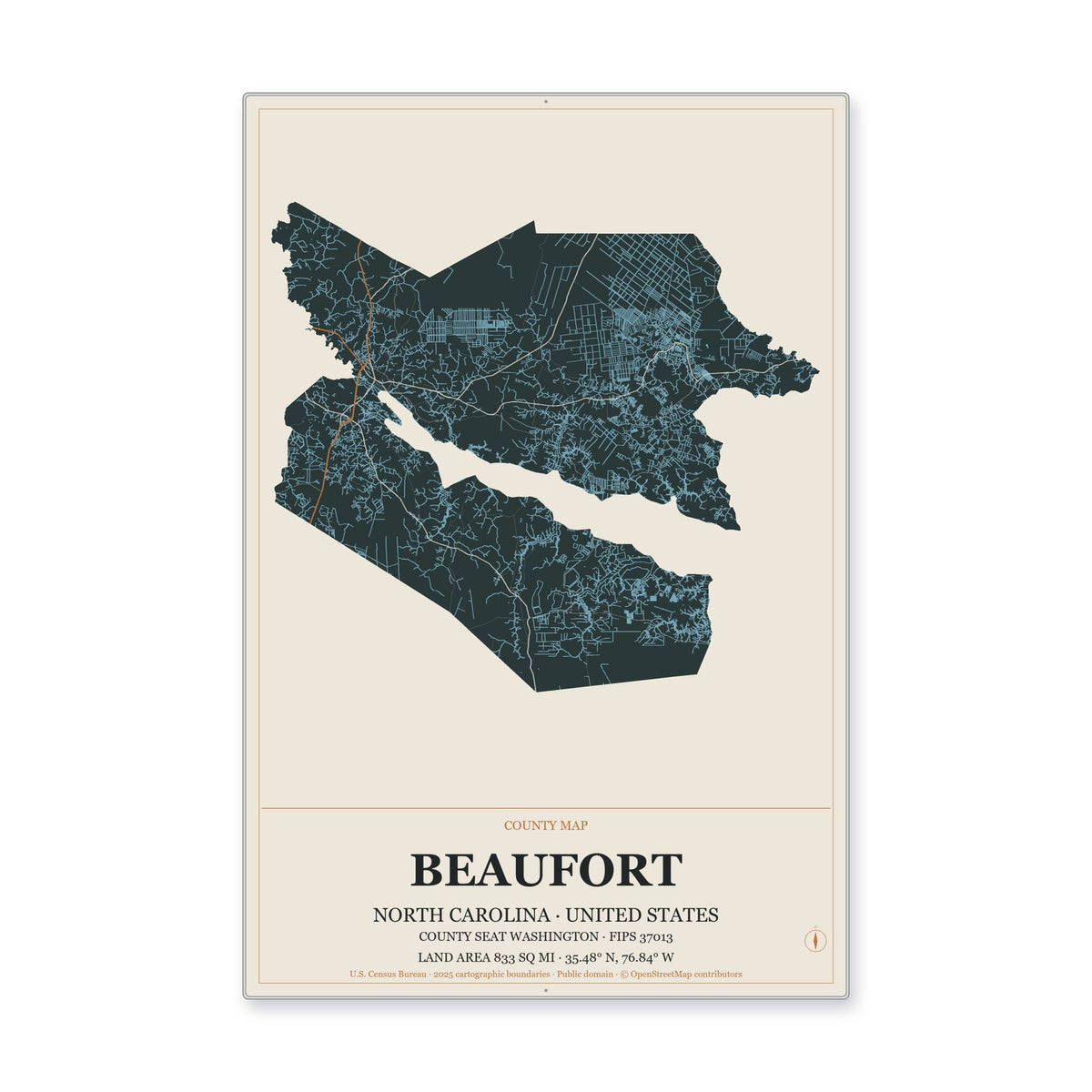 Beaufort County, North Carolina Map Aluminum Sign in Headline Atlas style
