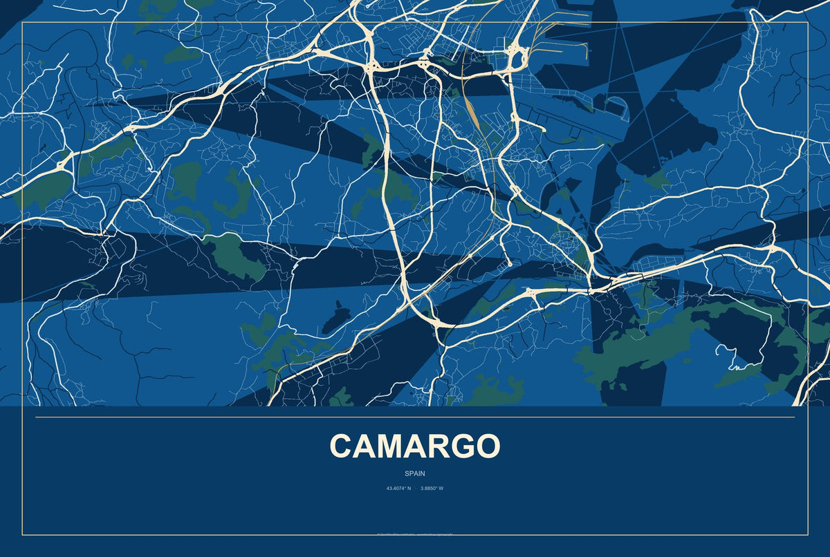 Camargo, Spain City Map Aluminum Sign in Harbor Cobalt style
