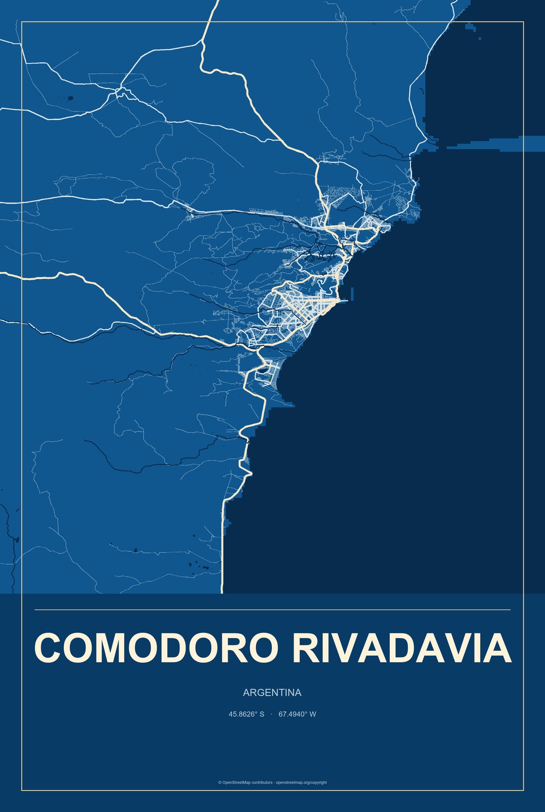 Comodoro Rivadavia, Argentina City Map Aluminum Sign in Harbor Cobalt style