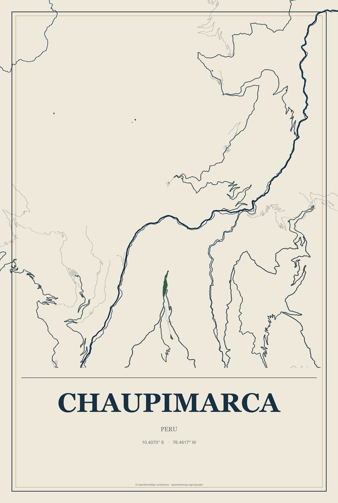 Chaupimarca, Peru City Map Aluminum Sign in Coastal Cutout style