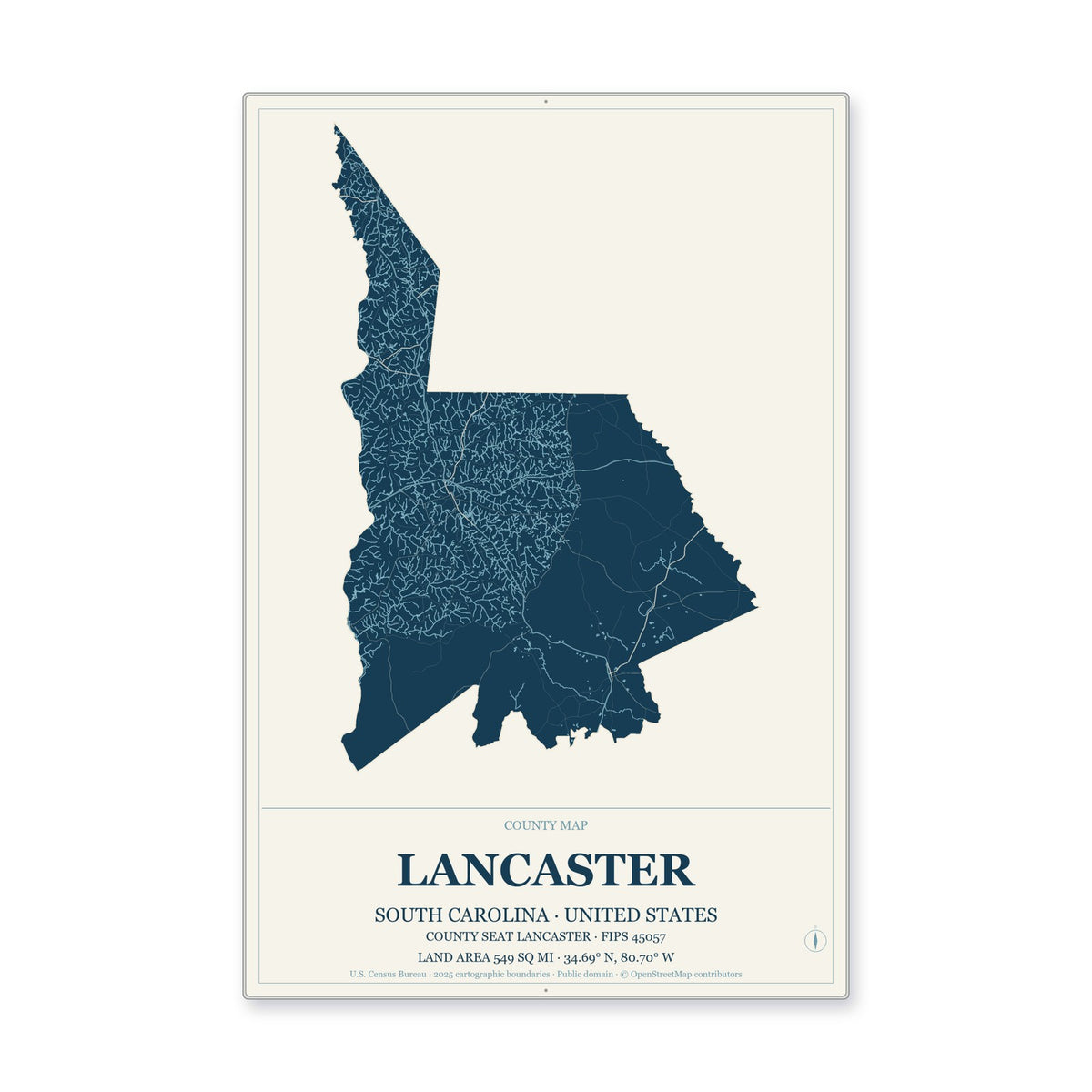 Lancaster County, South Carolina Map Aluminum Sign in Coastal Cutout style