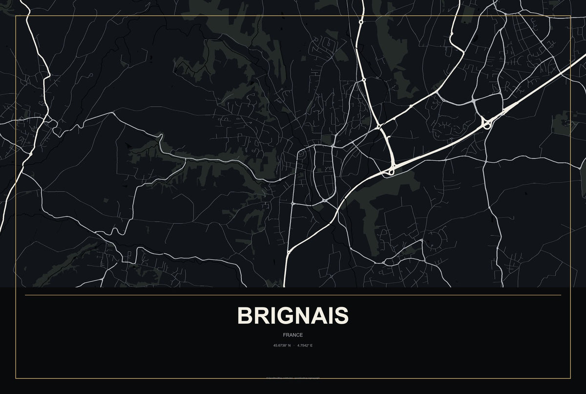 Brignais, France City Map Aluminum Sign in Metropolitan Noir style