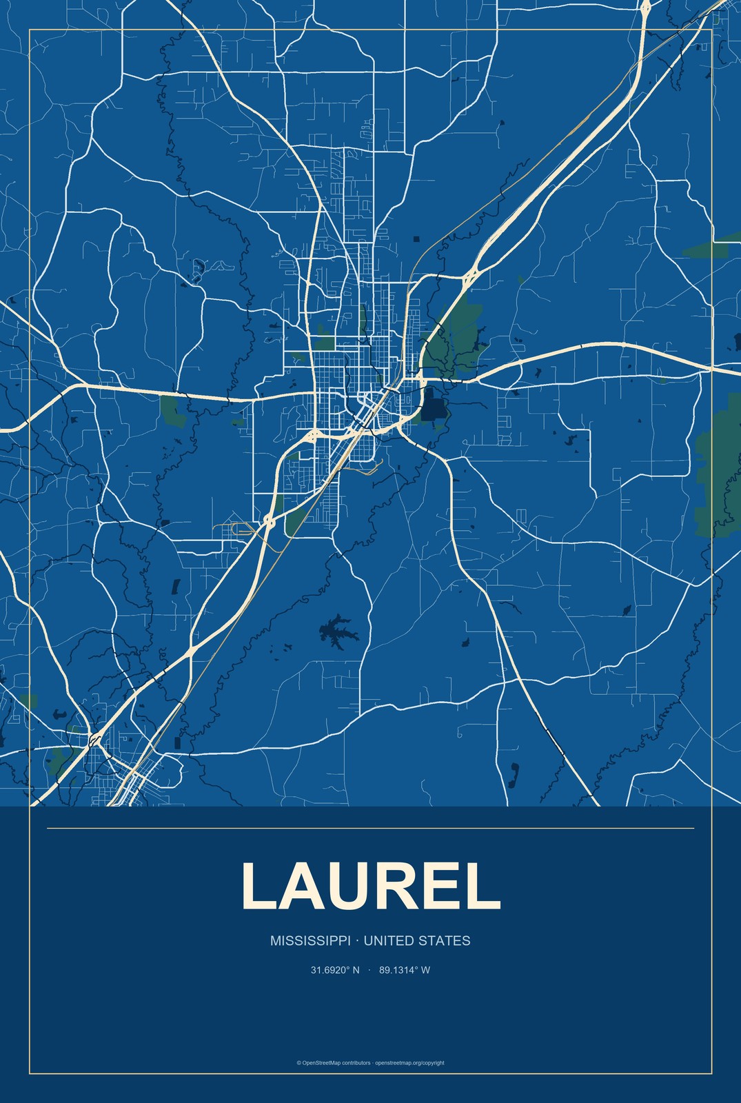 Laurel, Mississippi City Map Aluminum Sign in Harbor Cobalt style