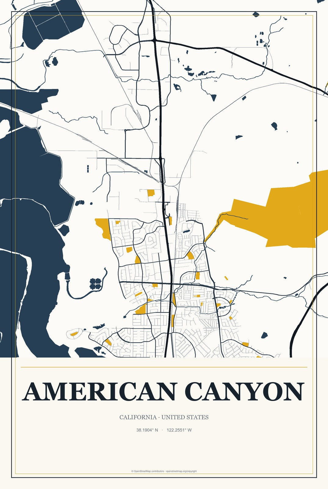 American Canyon, California City Map Aluminum Sign in Citrine Modern style
