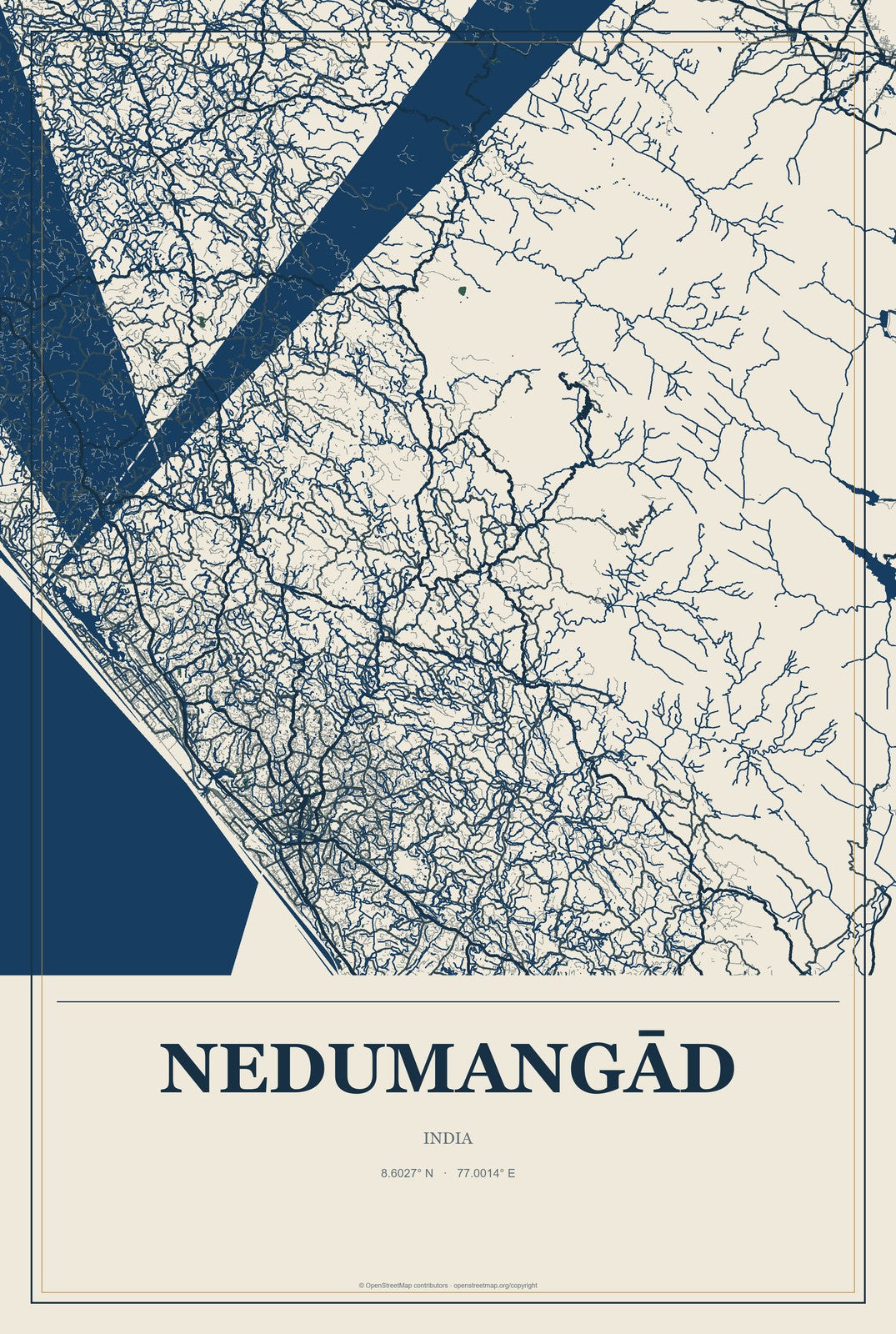 Nedumangād, India City Map Aluminum Sign in Coastal Cutout style