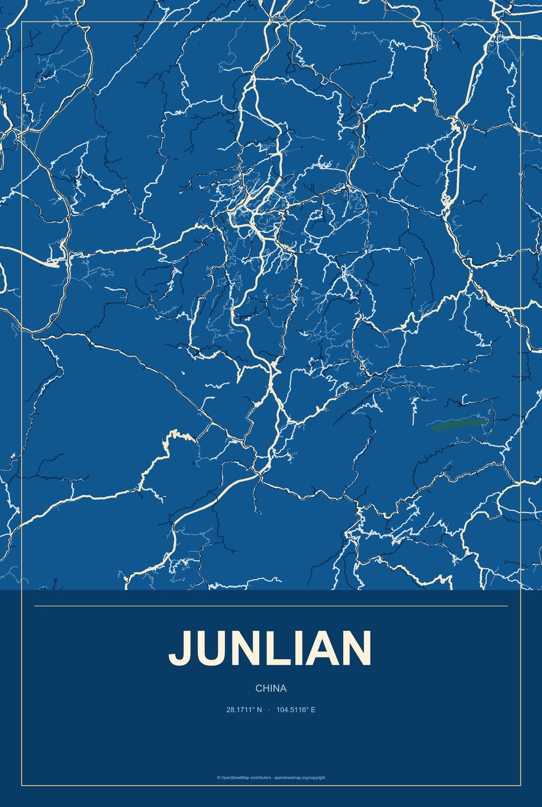 Junlian, China City Map Aluminum Sign in Harbor Cobalt style