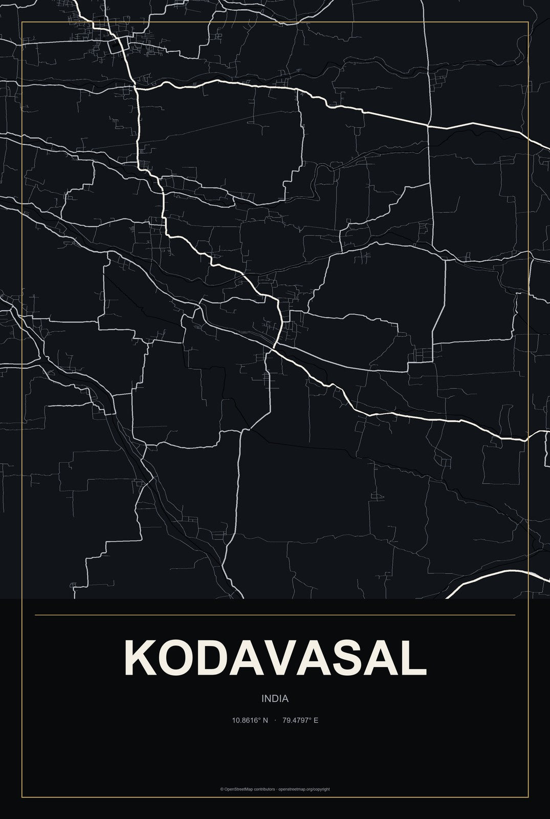 Kodavasal, India City Map Aluminum Sign in Metropolitan Noir style
