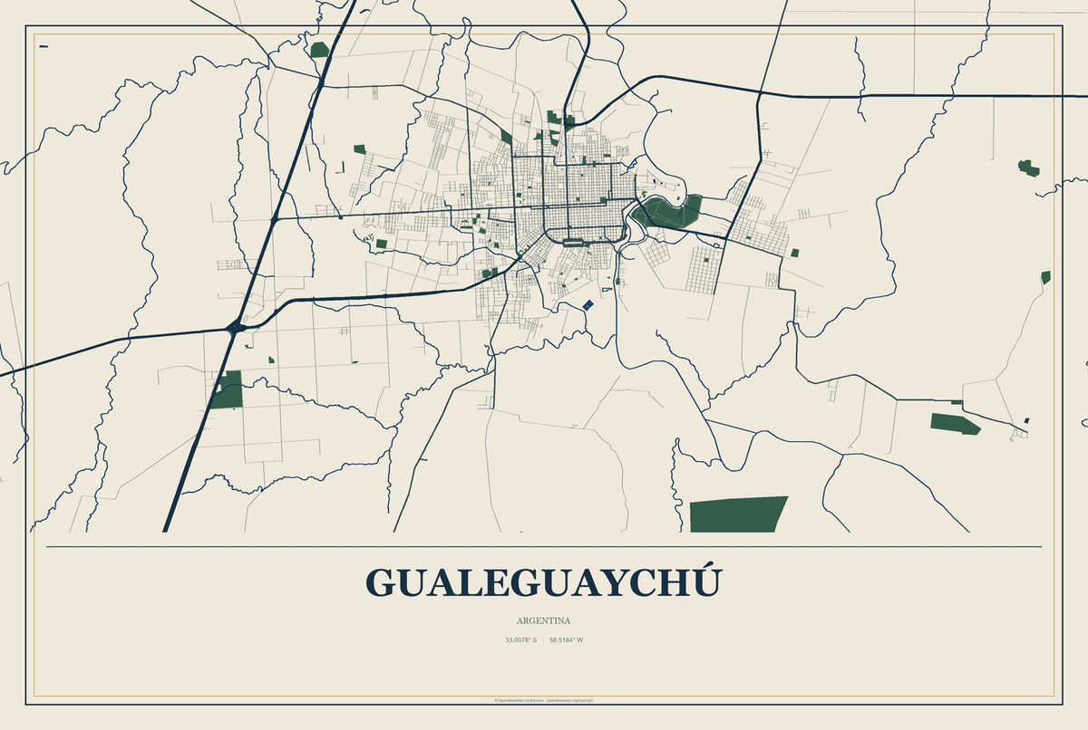Gualeguaychú, Argentina City Map Aluminum Sign in Coastal Cutout style
