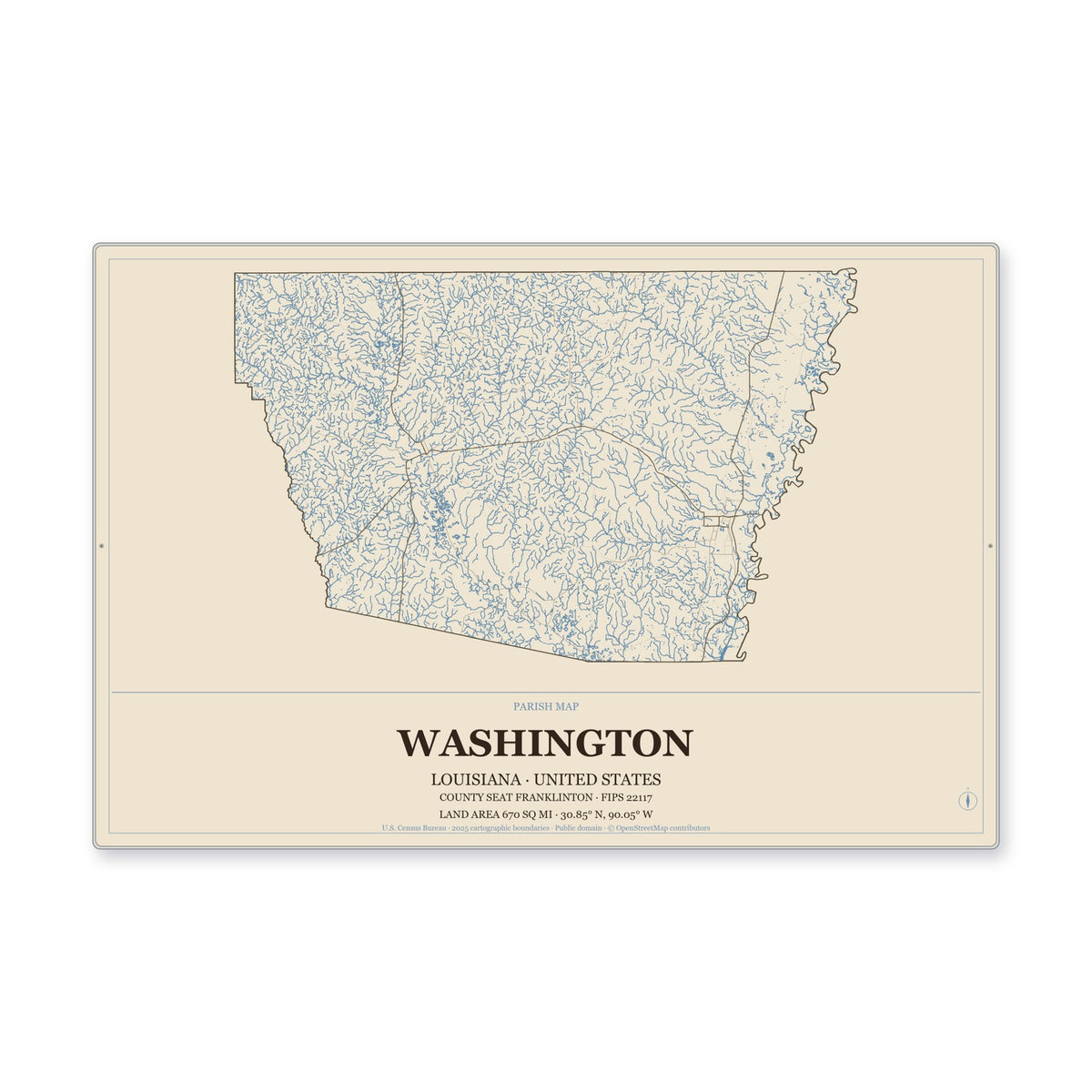 Washington Parish, Louisiana Map Aluminum Sign in Heritage Nautical style