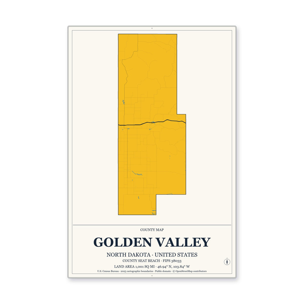 Golden Valley County, North Dakota Map Aluminum Sign in Citrine Modern style