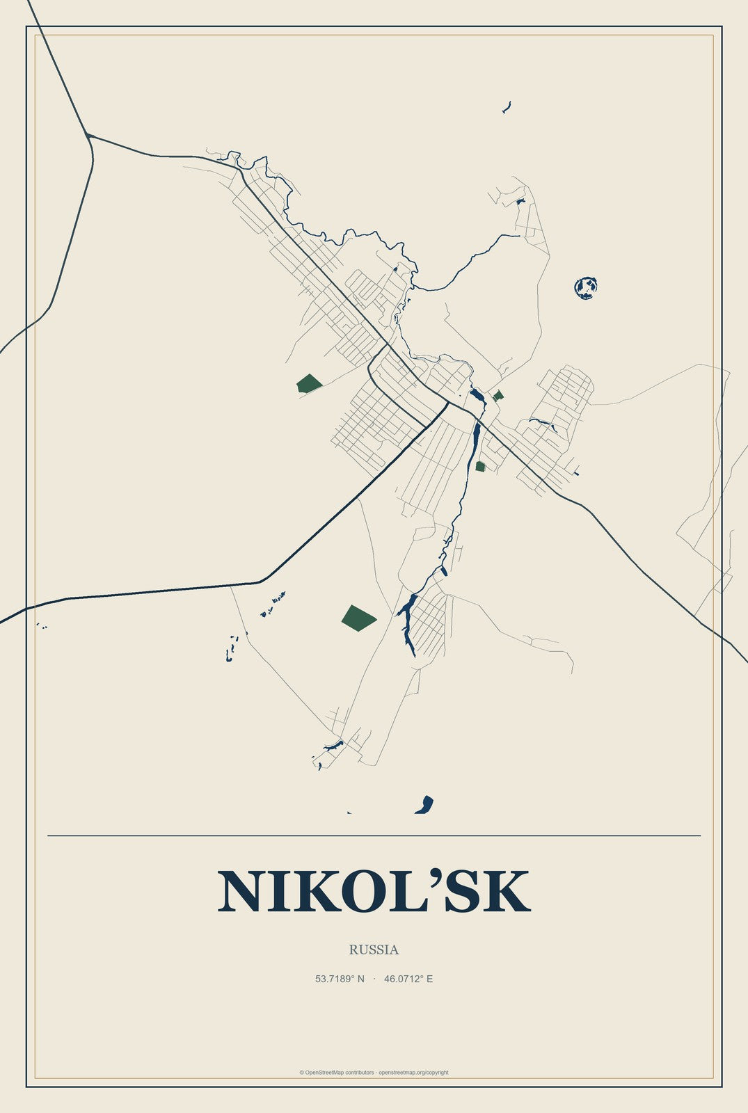 Nikol’sk, Russia City Map Aluminum Sign in Coastal Cutout style