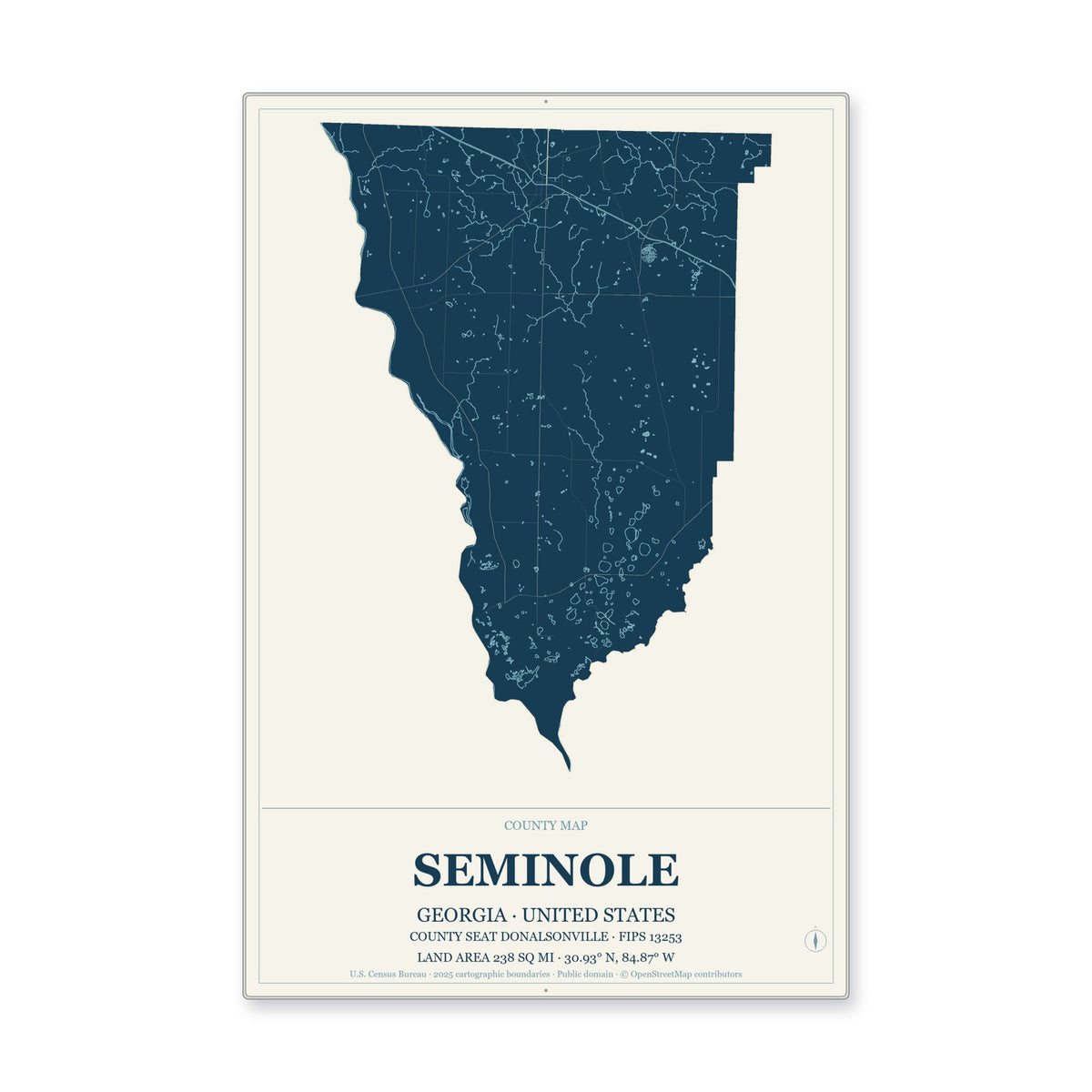 Seminole County, Georgia Map Aluminum Sign in Coastal Cutout style