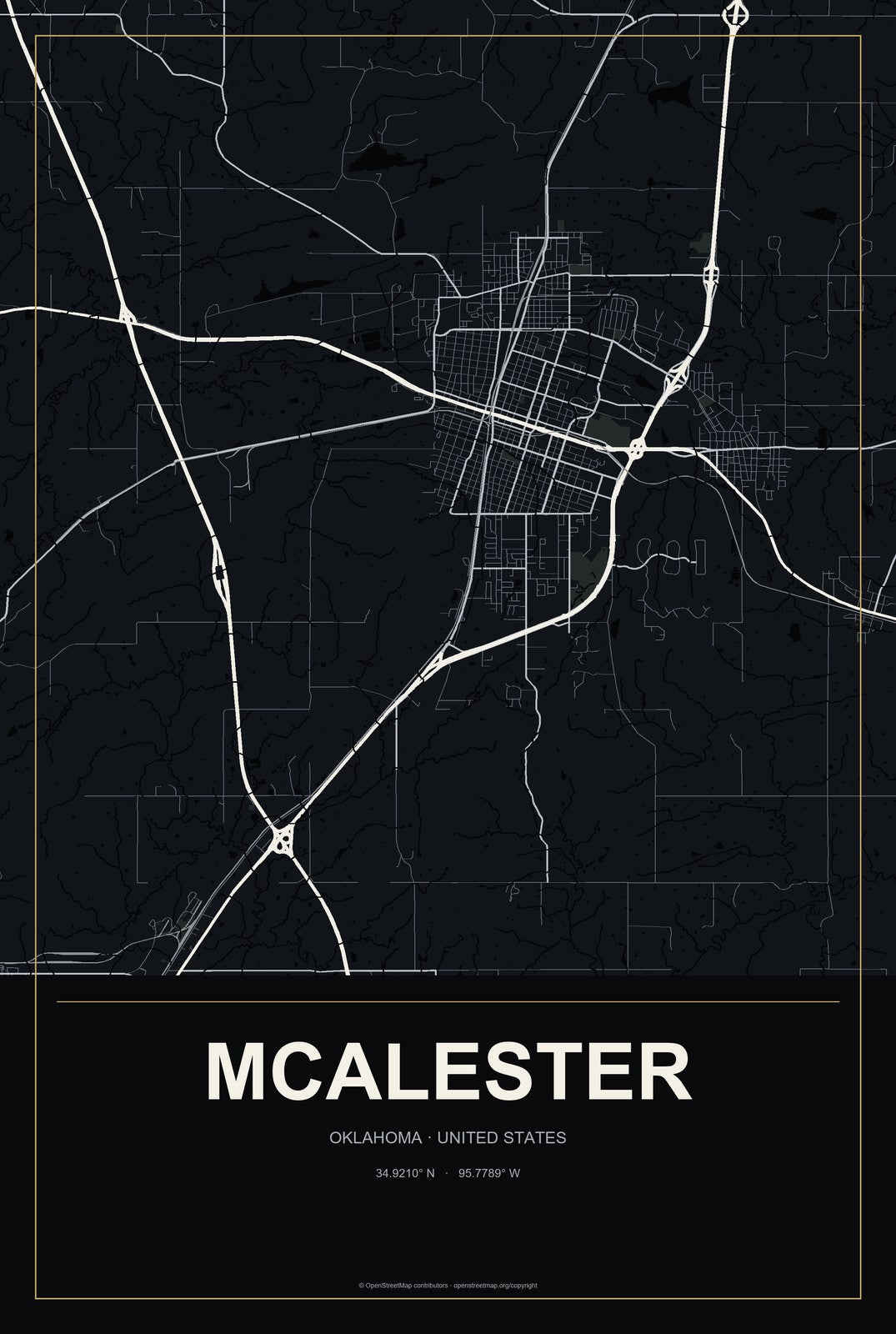 McAlester, Oklahoma City Map Aluminum Sign in Metropolitan Noir style