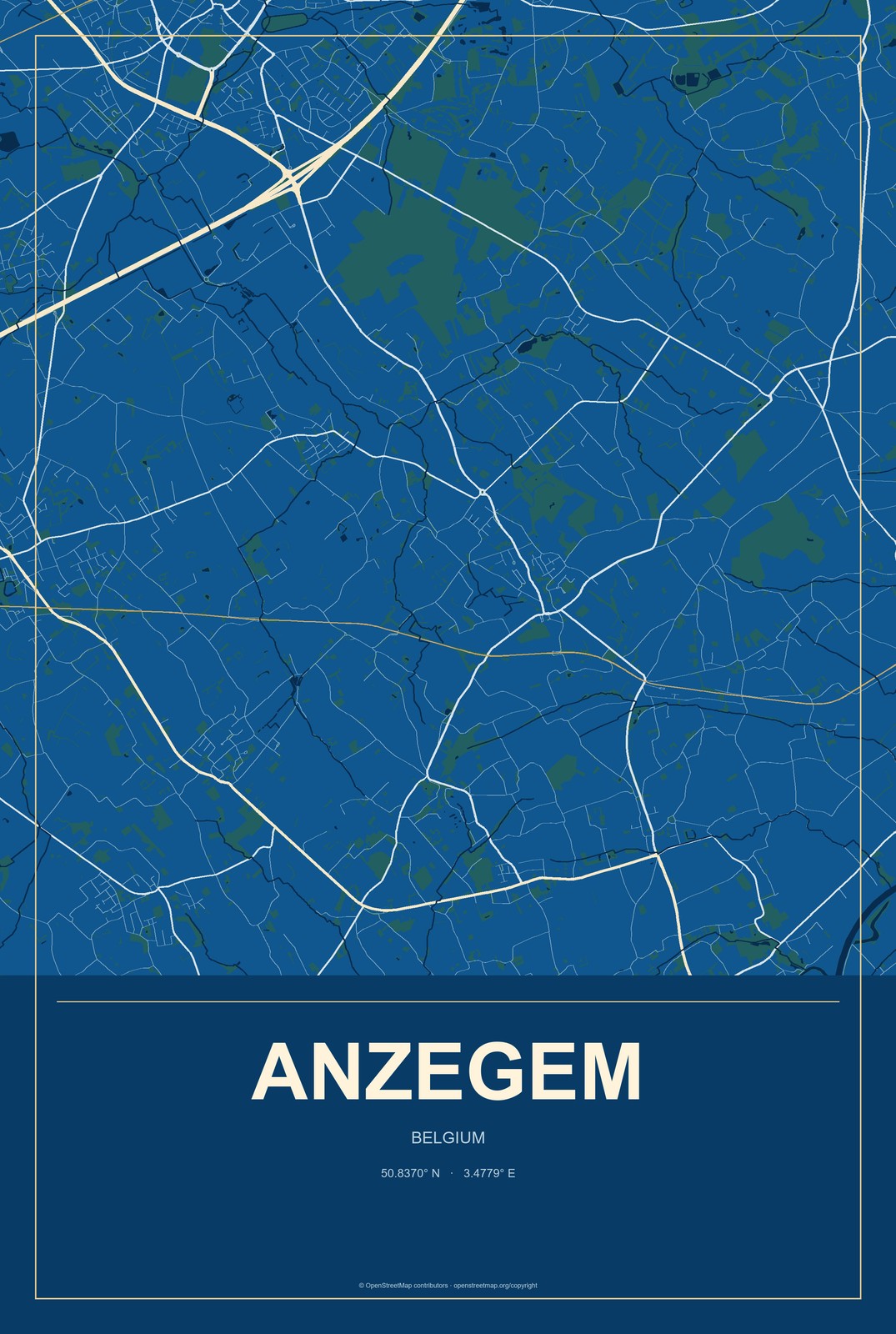 Anzegem, Belgium City Map Aluminum Sign in Harbor Cobalt style