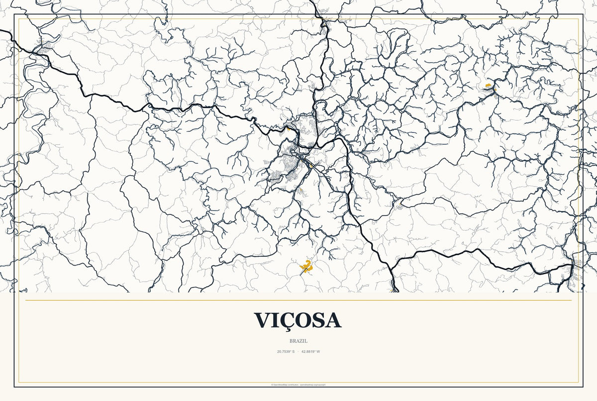 Viçosa, Minas Gerais, Brazil City Map Aluminum Sign in Citrine Modern style