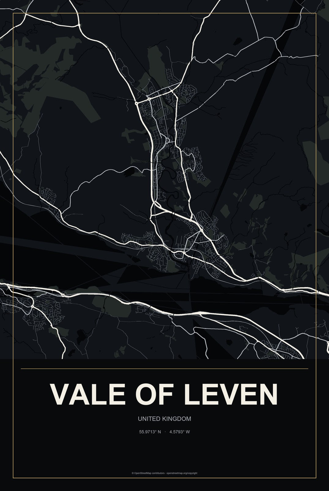 Vale of Leven, United Kingdom City Map Aluminum Sign in Metropolitan Noir style