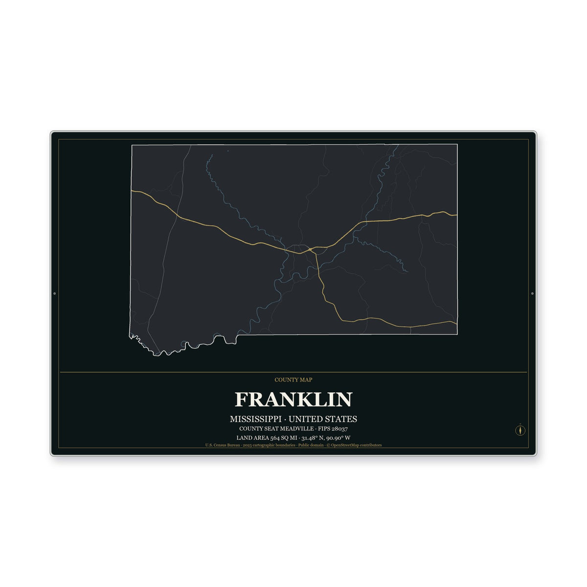 Franklin County, Mississippi Map Aluminum Sign in Metropolitan Noir style
