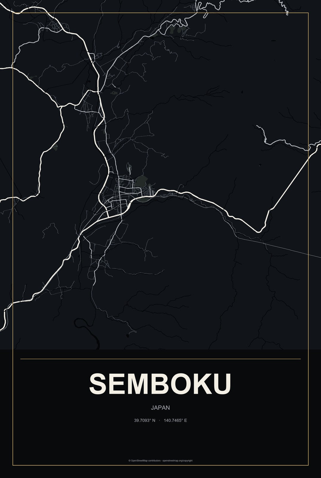 Semboku, Japan City Map Aluminum Sign in Metropolitan Noir style