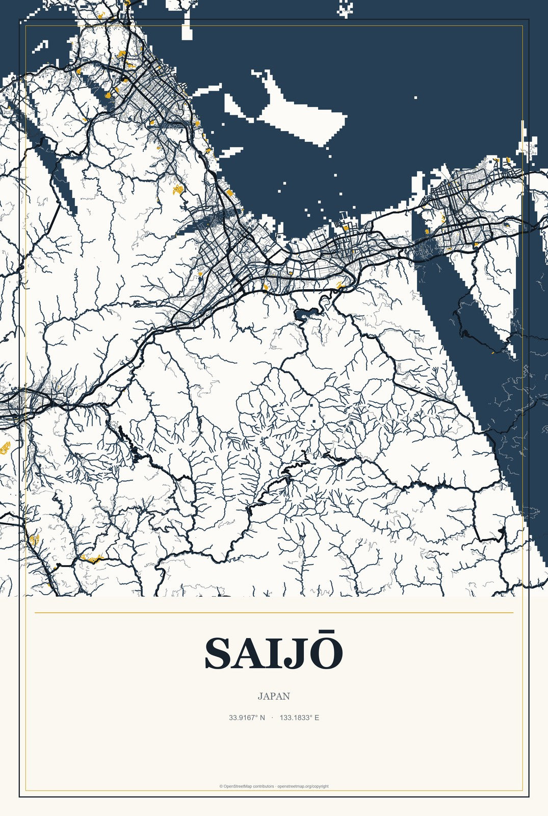Saijō, Japan City Map Aluminum Sign in Citrine Modern style