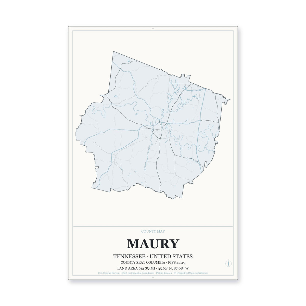 Maury County, Tennessee Map Aluminum Sign in Gallery Air style
