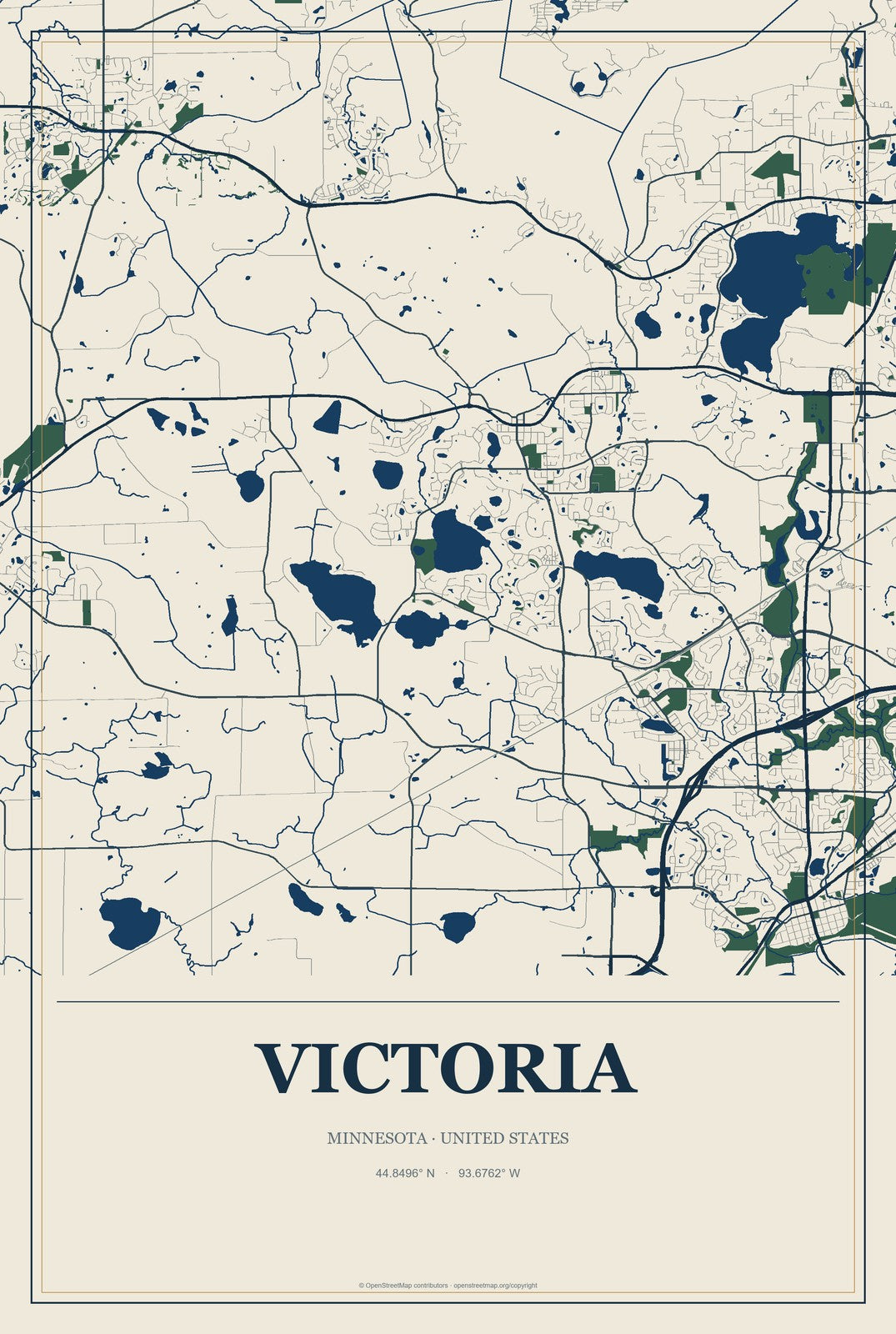 Victoria, Minnesota City Map Aluminum Sign in Coastal Cutout style
