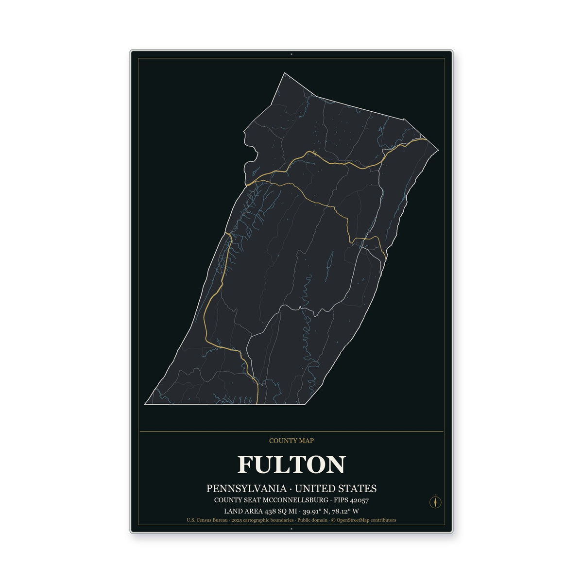 Fulton County, Pennsylvania Map Aluminum Sign in Metropolitan Noir style